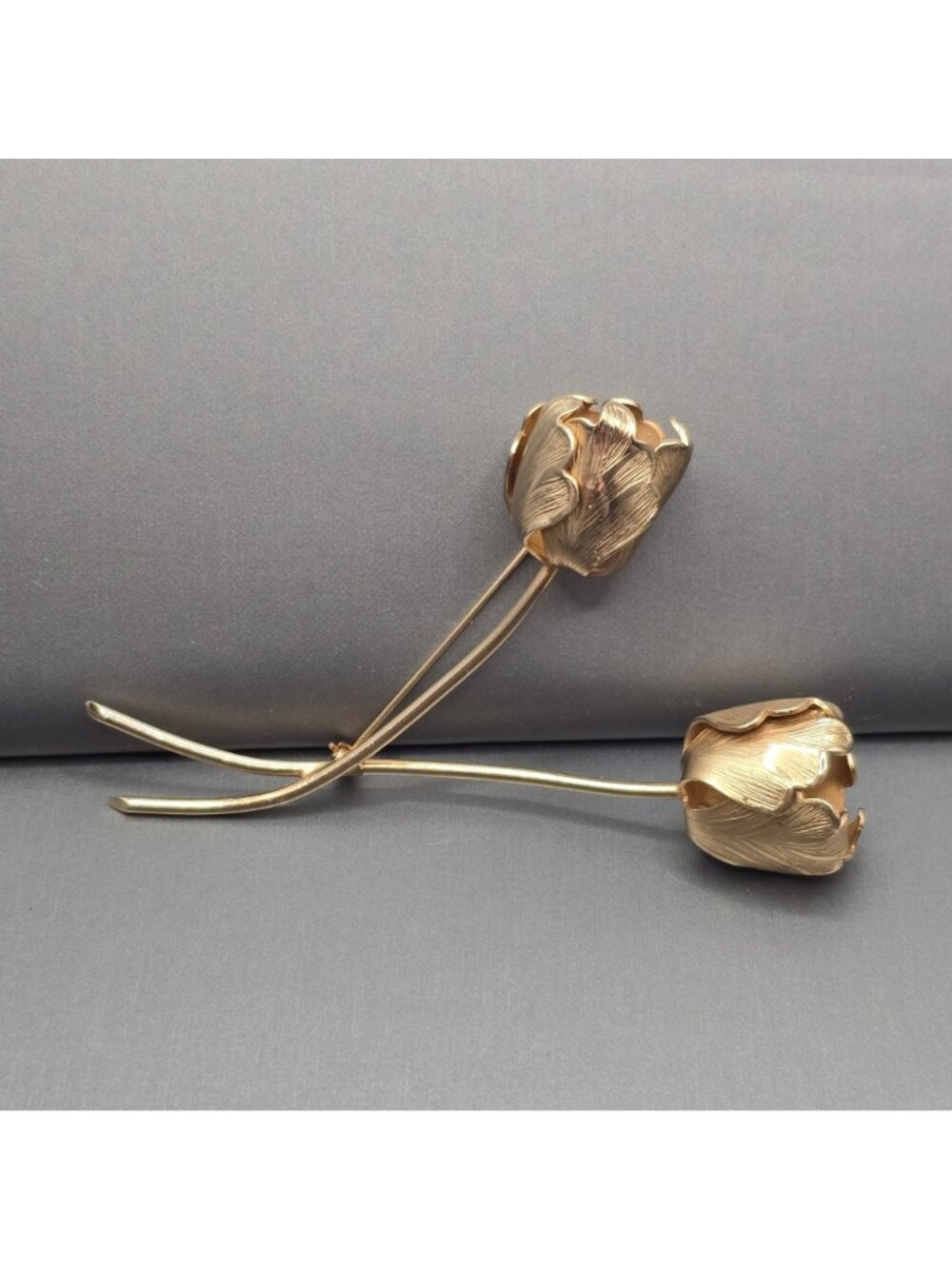Vintage Giovanni Tulip Brooch 3.75" Long Stem Brushed Gold Tone 60s USA Made Pin - Picture 4 of 9